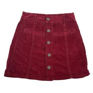 American Eagle Hi-Rise Mini A-Line Skirt Size 00 Burgundy Button Front Corduroy